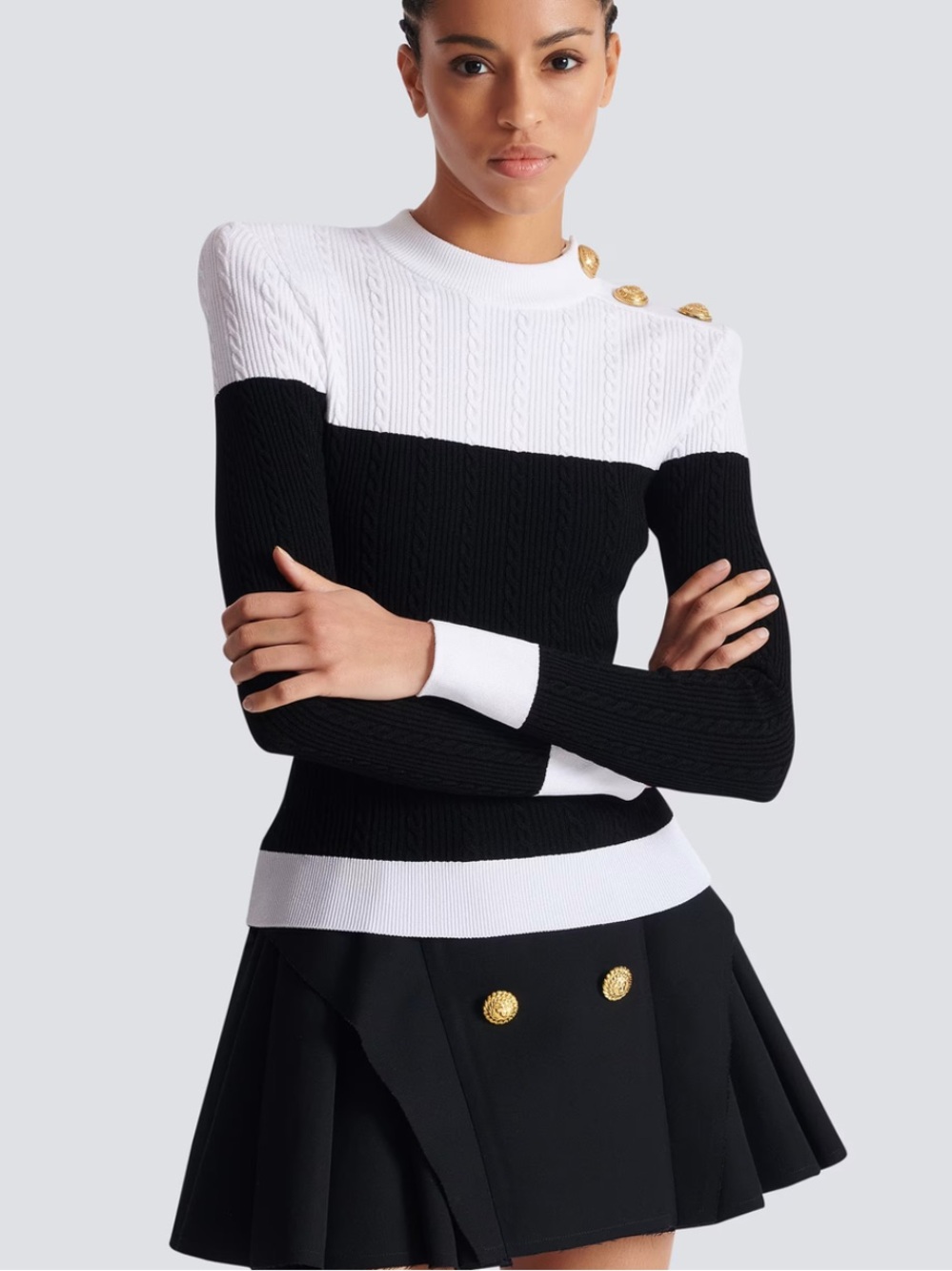 Balmain Black and White Cable Knit Crewneck Sweater with Gold Buttons
